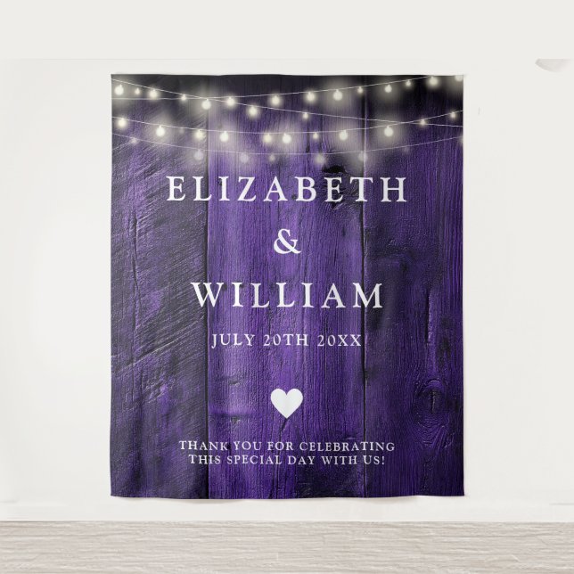 Purple String Lights Wood Photo Booth Backdrop Tapestry (Front)