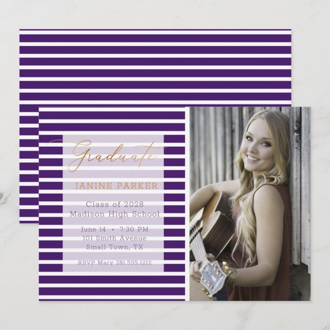 Purple Stripe Add Your Own Photo Graduation Announcement (Front/Back)