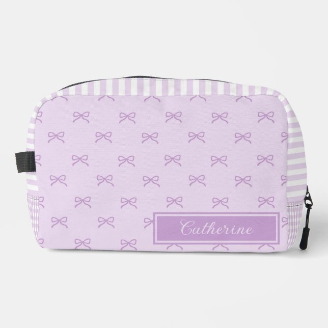Purple Stripe Bow Pattern Coquette Cosmetic Dopp Kit (Front)