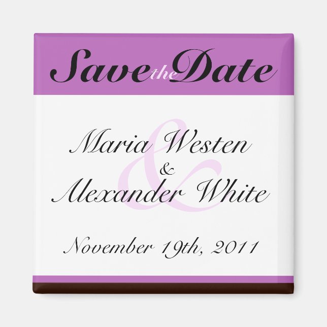 Purple Stripe Chocolate Brown Save the Date Magnet (Front)