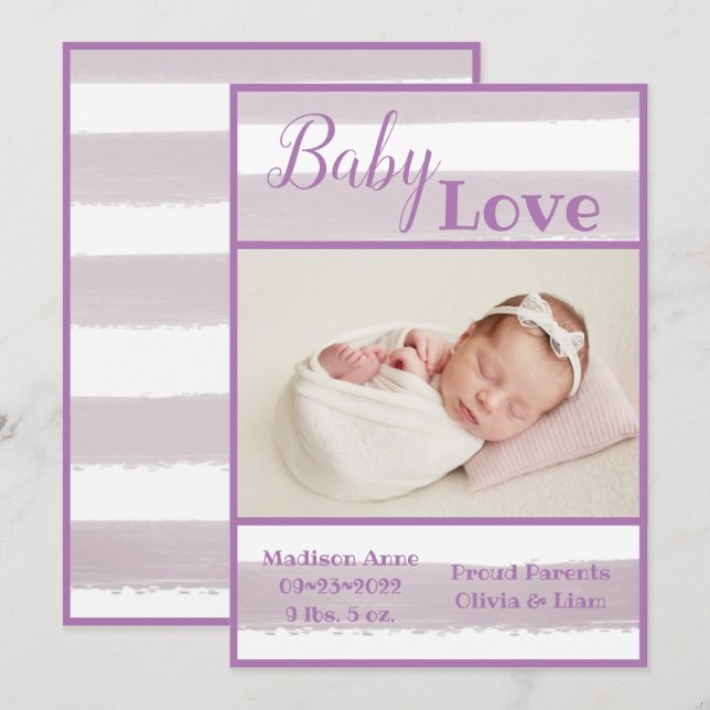 Purple Stripe Photo Baby Love Script Birth Announcement (Front/Back)