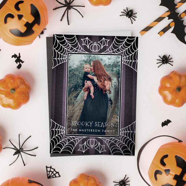 Purple stripe spiderwebs Halloween photo Foil Holiday Card (Creator Uploaded)