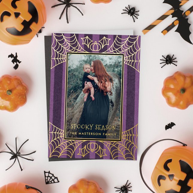 Purple stripe spiderwebs Halloween photo Foil Holiday Card (Creator Uploaded)