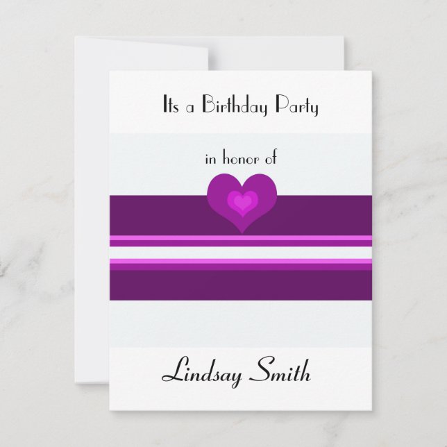 Purple Stripe With Heart Birthday Invitation (Front)