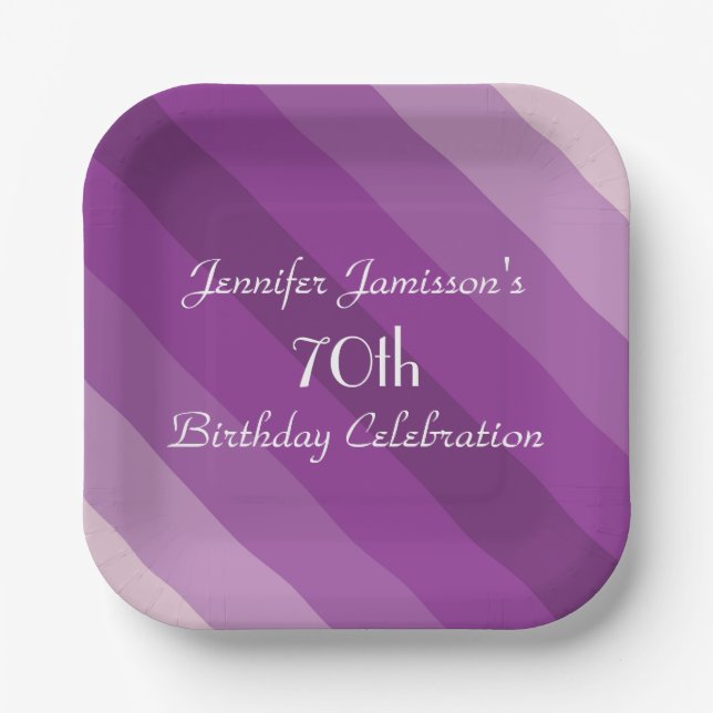Purple Striped 70th Birthday Party Name Simple Paper Plate (Front)