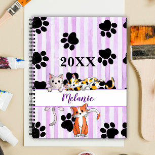 Purple striped background kittens & paws customise planner