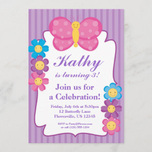 Purple Striped Butterfly Birthday Party Invitation