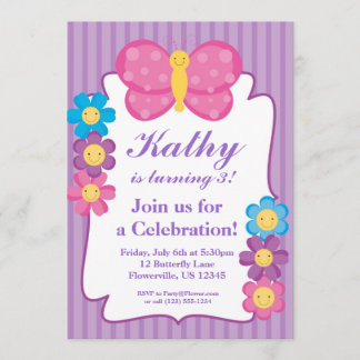 Purple Striped Butterfly Birthday Party Invitation