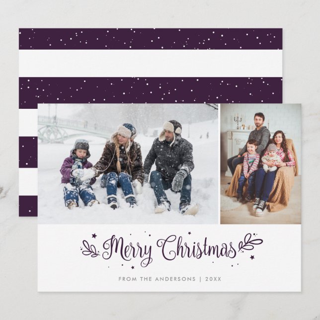 Purple Striped Calligraphy Christmas Photo Cards (Front/Back)
