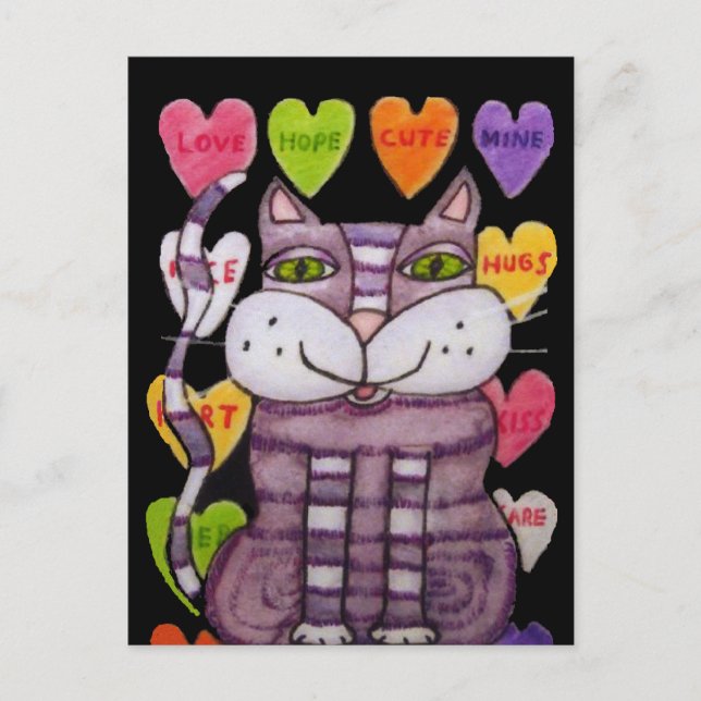 Purple Striped Cat Green Eyes Bright Candy Hearts Postcard (Front)