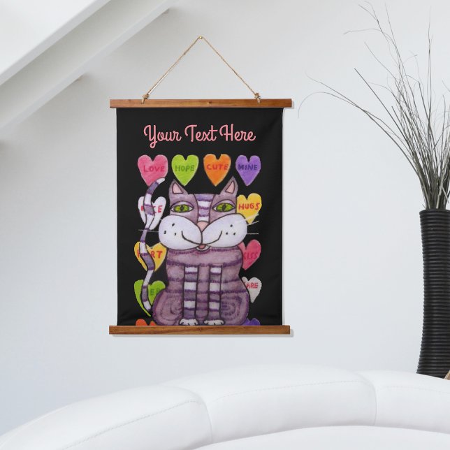 Purple Striped Cat Valentine Candy Hearts Black Hanging Tapestry (Purple striped cat wall of bright Valentine candy hearts with sayings on black wall tapestry.)