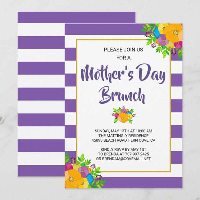 Purple Striped Floral Mother's Day Brunch Invite (Front/Back)
