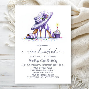 Purple Striped High Heel Shoes 100th Birthday Invitation
