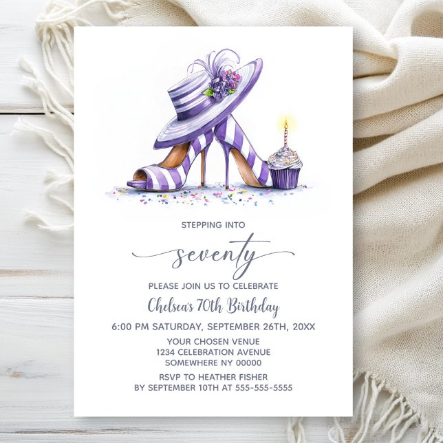 Purple Striped High Heel Shoes 70th Birthday Party Invitation (Creator Uploaded)