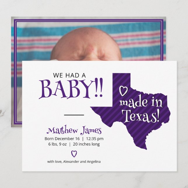 Purple Striped Made in Texas Photo Baby Announcement (Front/Back)
