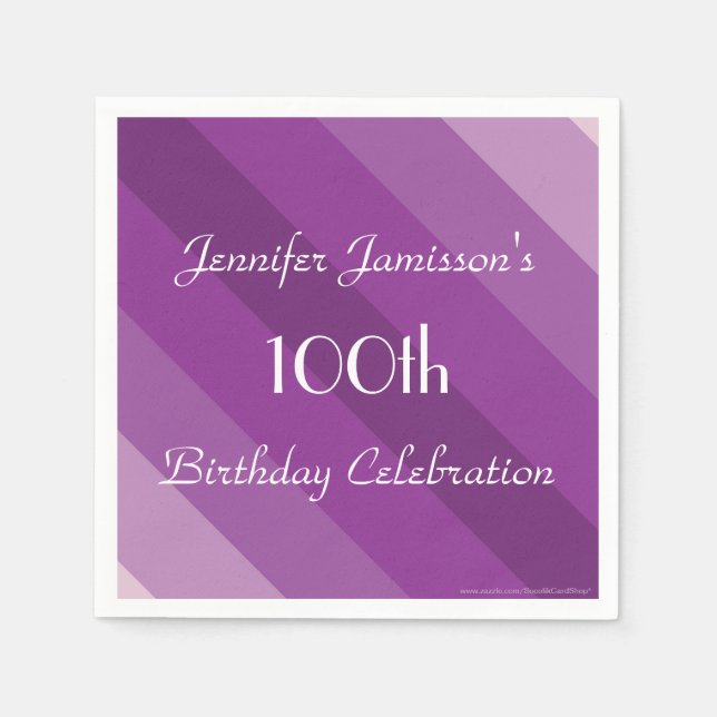 Purple Striped Paper Napkins, 100th Birthday Party Napkin (Front)