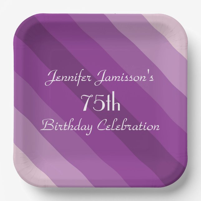 Purple Striped Paper Plates, 75th Birthday Party Paper Plate (Front)