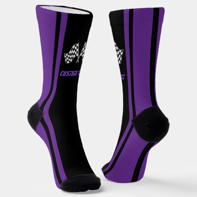 Purple Striped Racing Car Flags - Personalised Socks (Angled)