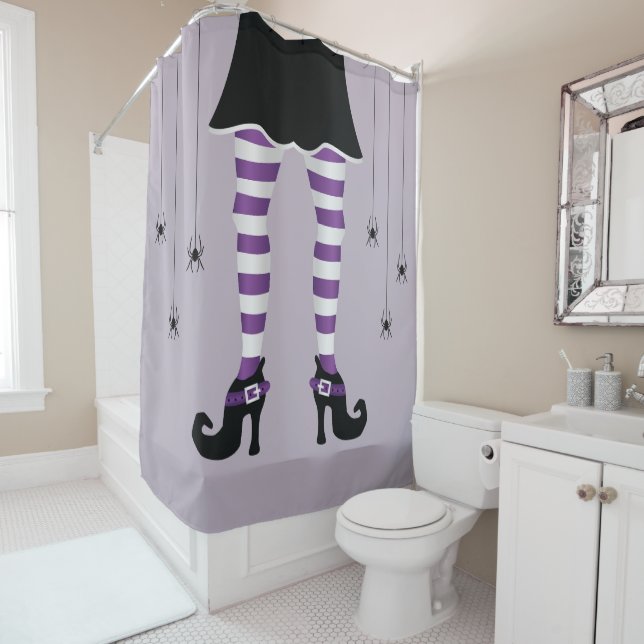 Purple Striped Witch Legs And Spiders Halloween Shower Curtain (In Situ)