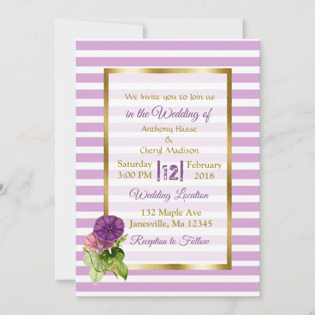 Purple StripePetunias and Gold Wedding Invitations (Front)
