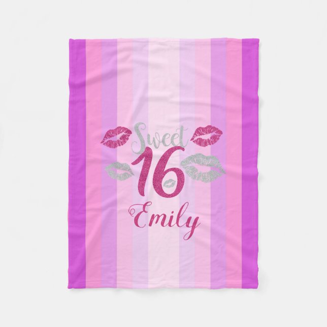Purple Stripes And Lips Fleece Blanket (Front)