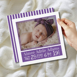 Purple Stripes Baby Photo Birth Stats Announcement