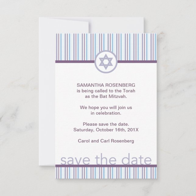 Purple Stripes Bat Mitzvah Save the Date (Front)