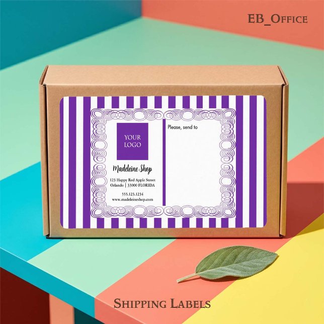 Purple Stripes & Curly Frame & Logo (Chic Purple & White Stripes with Logo.
Size: 3.75” L x 2” W - Eight labels per sheet
)