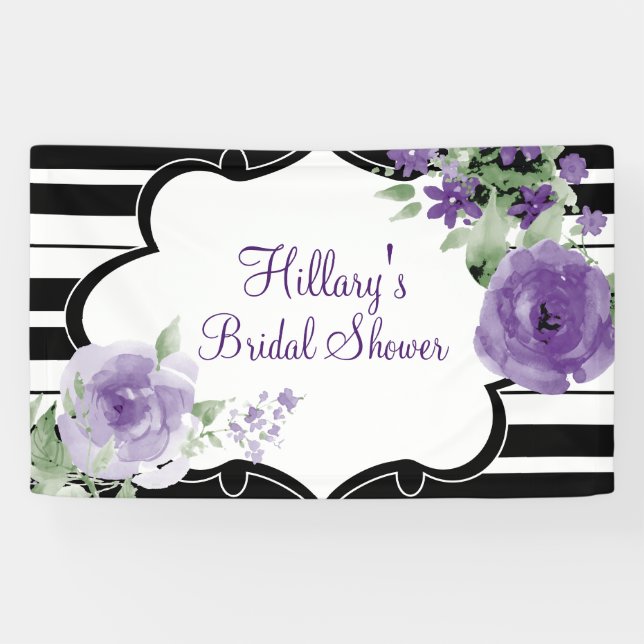 Purple, Stripes, Flowers, Bridal Shower Banner (Horizontal)