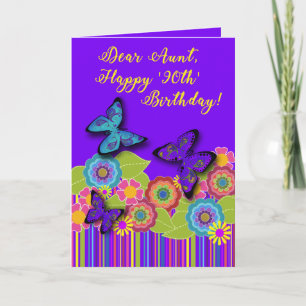 Purple, Stripes, Flowers, Butterflies 90th Aunt Card