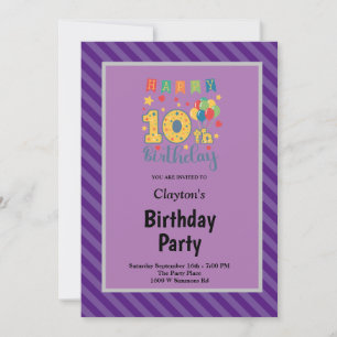 Purple Stripes Framed 10th Birthday Party Invitation