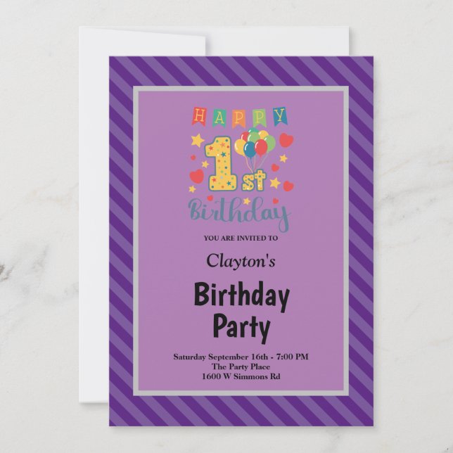 Purple Stripes Framed 1st Birthday Party Invitation (Front)