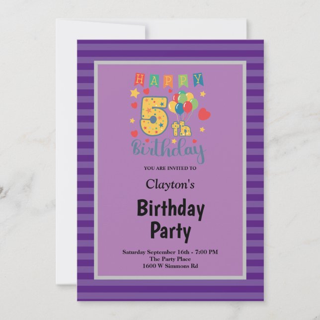 Purple Stripes Framed 5th Birthday Party Invitation (Front)