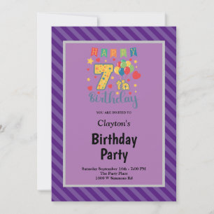 Purple Stripes Framed 7th Birthday Party Invitation