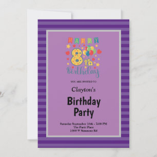 Purple Stripes Framed 8th Birthday Party Invitation