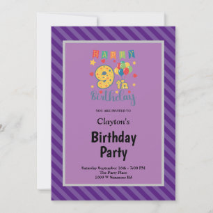 Purple Stripes Framed 9th Birthday Party Invitation