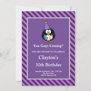 Purple Stripes Framed Funny Birthday Party Invitat Invitation