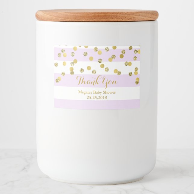 Purple Stripes Gold Confetti Baby Shower Label (Front)