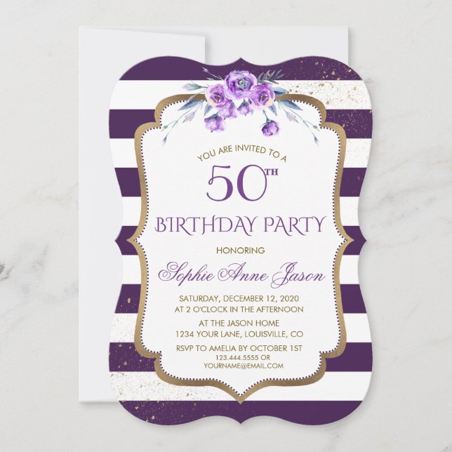 Purple Stripes Gold Violet Floral 50th Birthday Invitation (Front)
