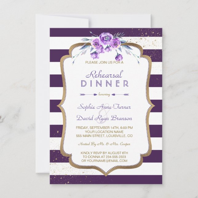 Purple Stripes Gold Violet Floral Rehearsal Dinner Invitation (Front)