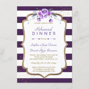 Purple Stripes Gold Violet Floral Rehearsal Dinner Invitation