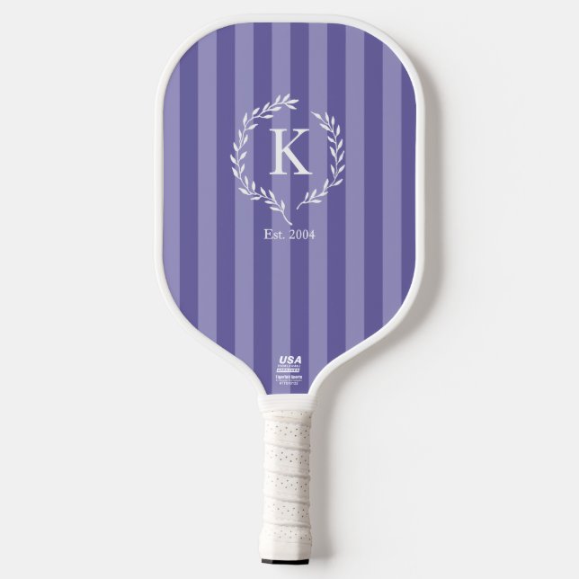 Purple Stripes Monogram Laurel Wreath Est Year Pickleball Paddle (Back)