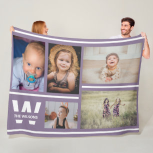 Purple Stripes Multiple Photos Custom Monogram Fleece Blanket