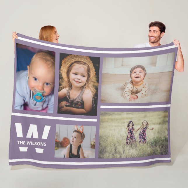 Purple Stripes Multiple Photos Custom Monogram Fleece Blanket (In Situ)