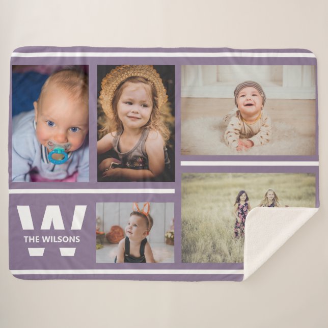 Purple Stripes Multiple Photos Custom Monogram Sherpa Blanket (Front (Horizontal))