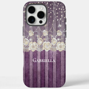 Purple Stripes Pearls Ivory Lace iPhone 16 Pro Max Case