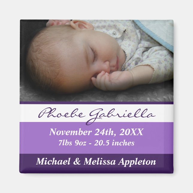 Purple Stripes Photo Birth Announcement Magnet (Front)