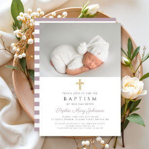 Purple Stripes Religious Cross Photo Baptism Invitation