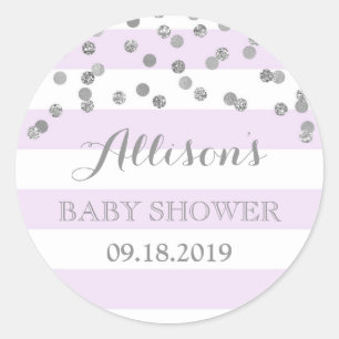 Purple Stripes Silver Confetti Baby Shower Favour Classic Round Sticker
