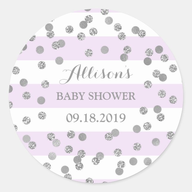 Purple Stripes Silver Confetti Baby Shower Favour Classic Round Sticker (Front)